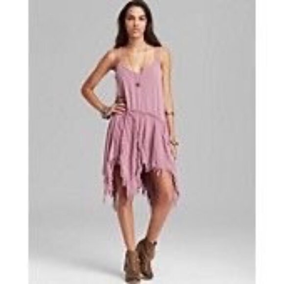 Free People Mauve Pink Frayed Hem Asymmetrical Spaghetti Strap Boho Slip Dress - Picture 16 of 16